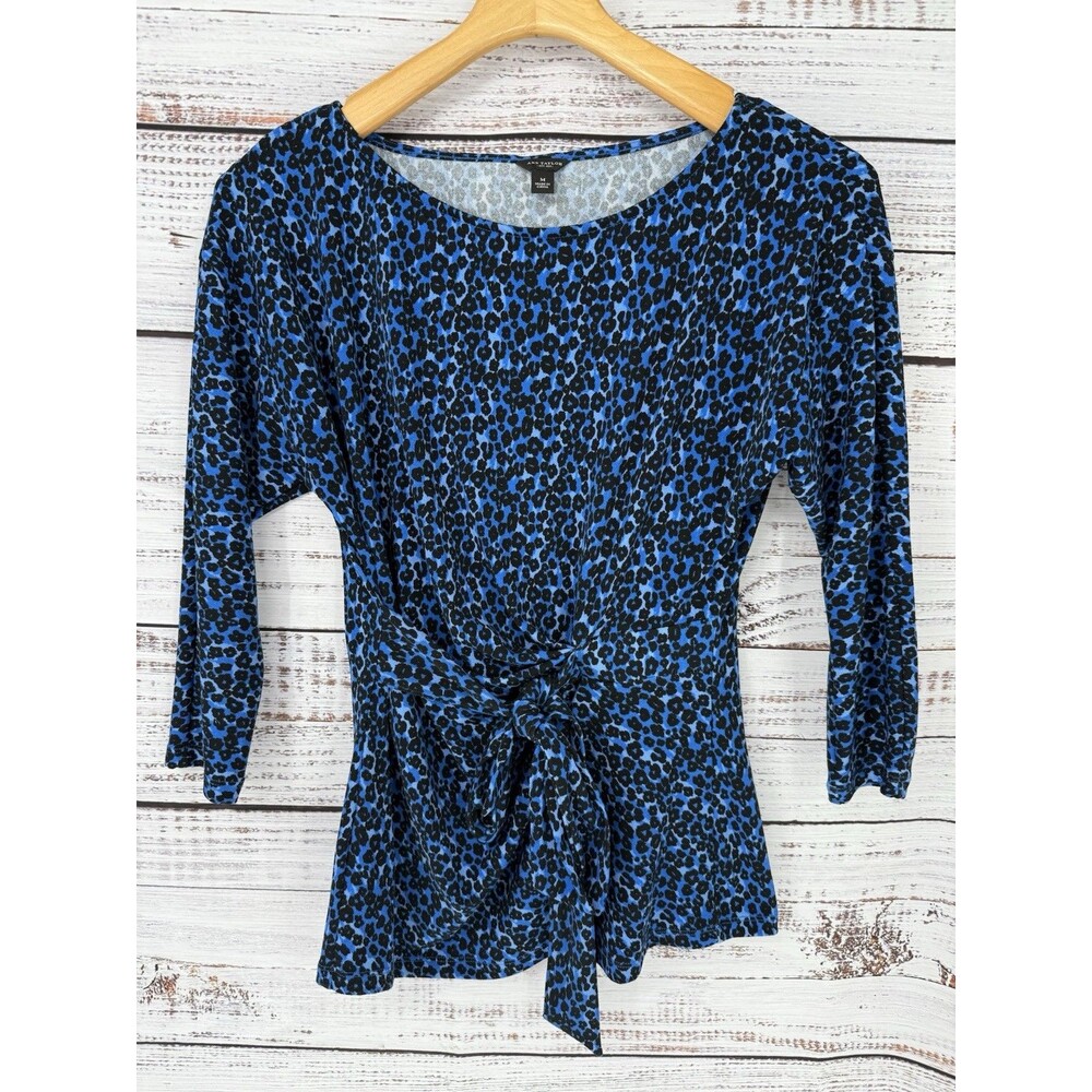 Ann Taylor Black Royal Blue Cheetah Leopard Animal Print Top Blouse M Wrap